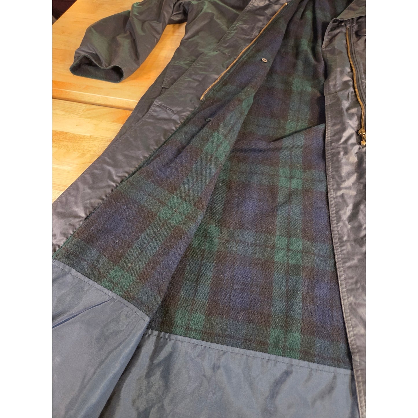 Loofey Swiss Plaid Wool Lined Navy blue Oiled Trench Rain Coat Medium Tartan