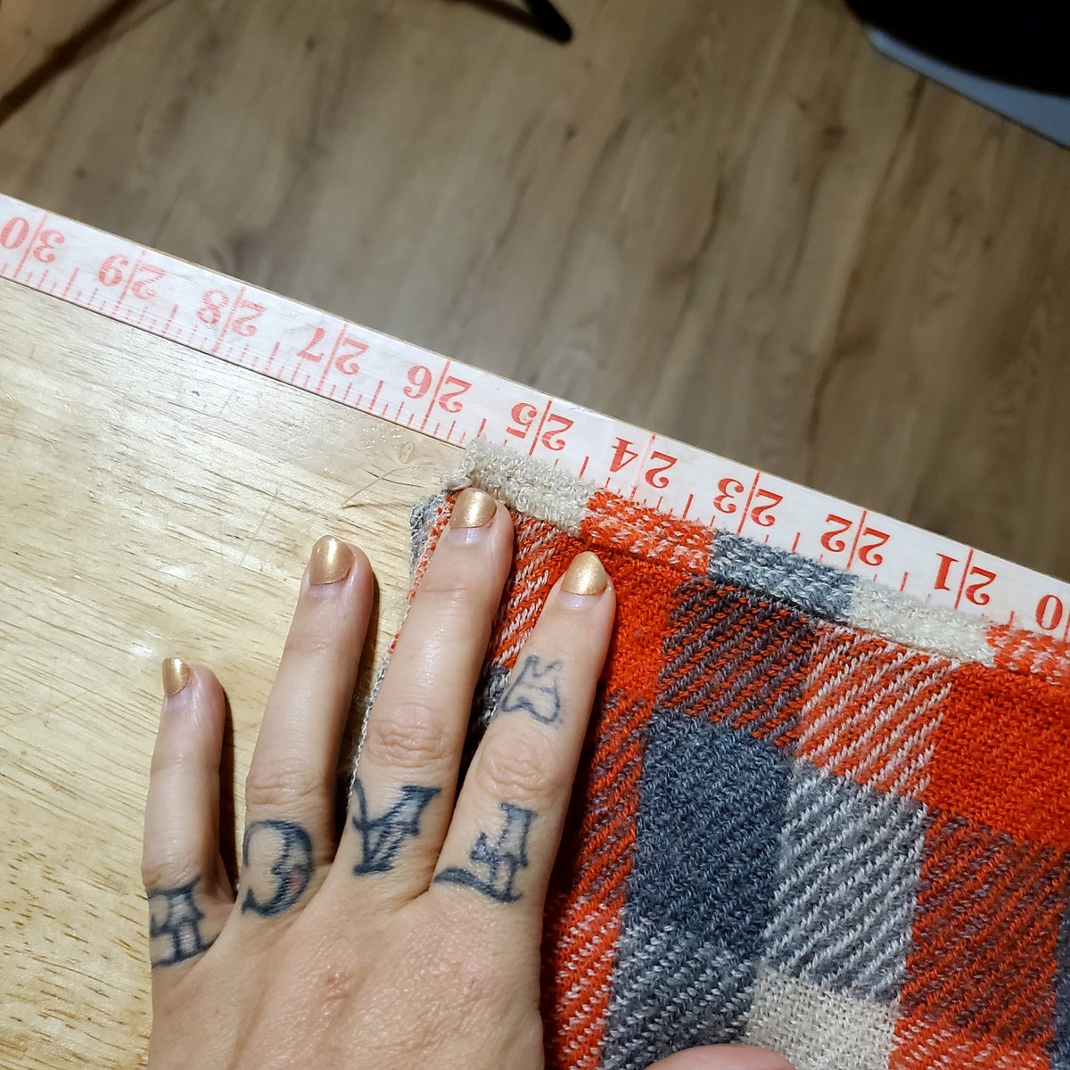 Orange and gray plaid knit infinity scarf acrylic