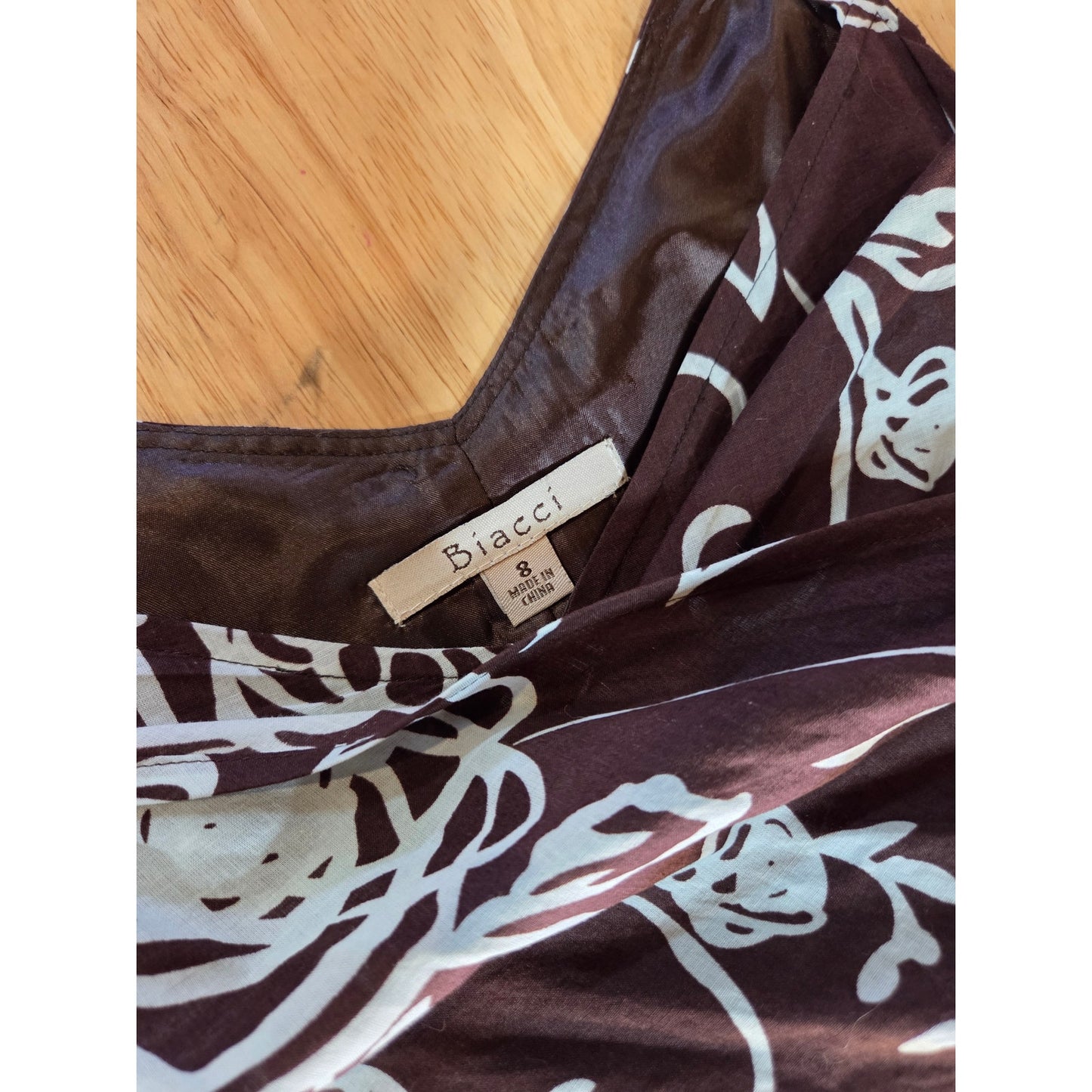 Biacci 100% cotton brown and blue floral sleeveless v-neck dress fully lined tie