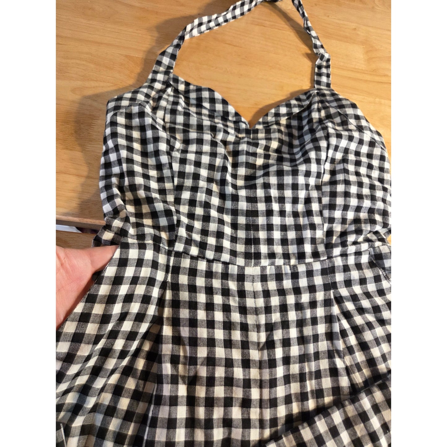 Boston Proper Black & White Gingham Sleeveless Princess Neckline Linen Jumpsuit