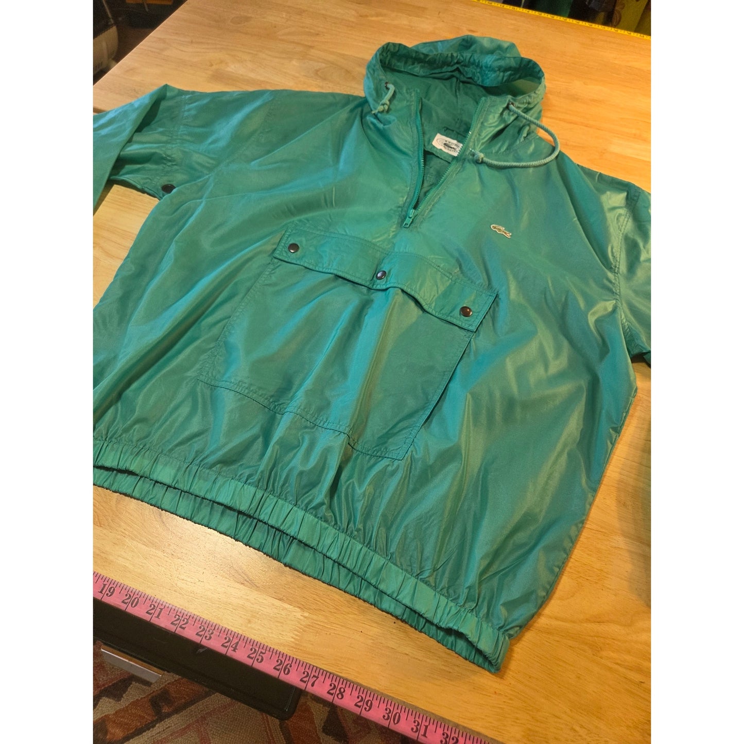 Lacoste light green pullover hooded windbreaker zip kangaroo pocket nylon XL