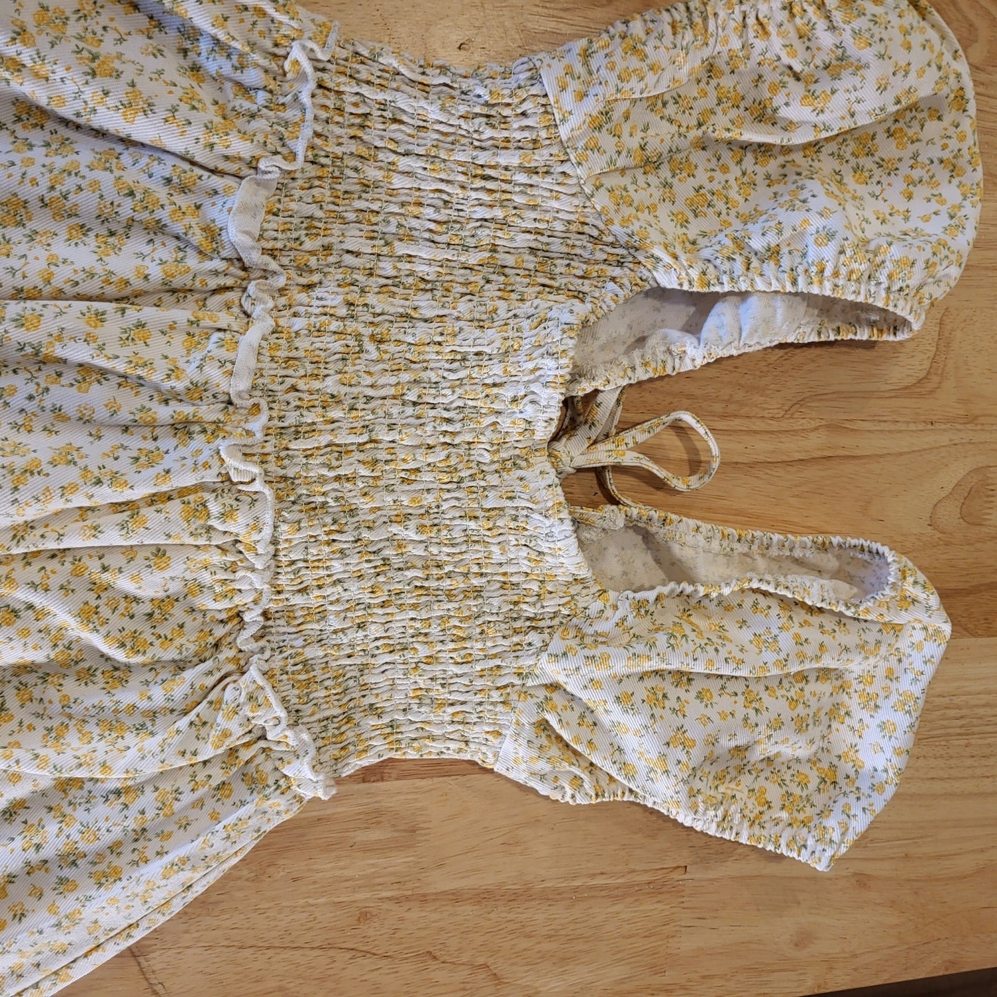 American Eagle Outfitters White Denim Yellow Flower Dress Laced Front Stretch