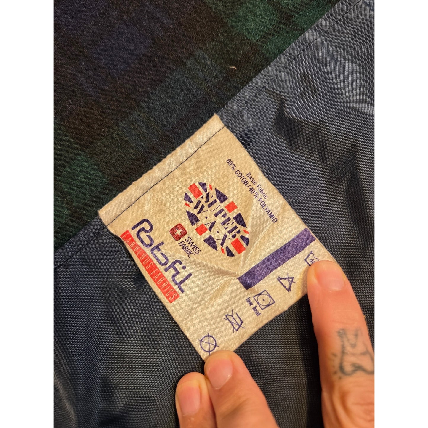 Loofey Swiss Plaid Wool Lined Navy blue Oiled Trench Rain Coat Medium Tartan