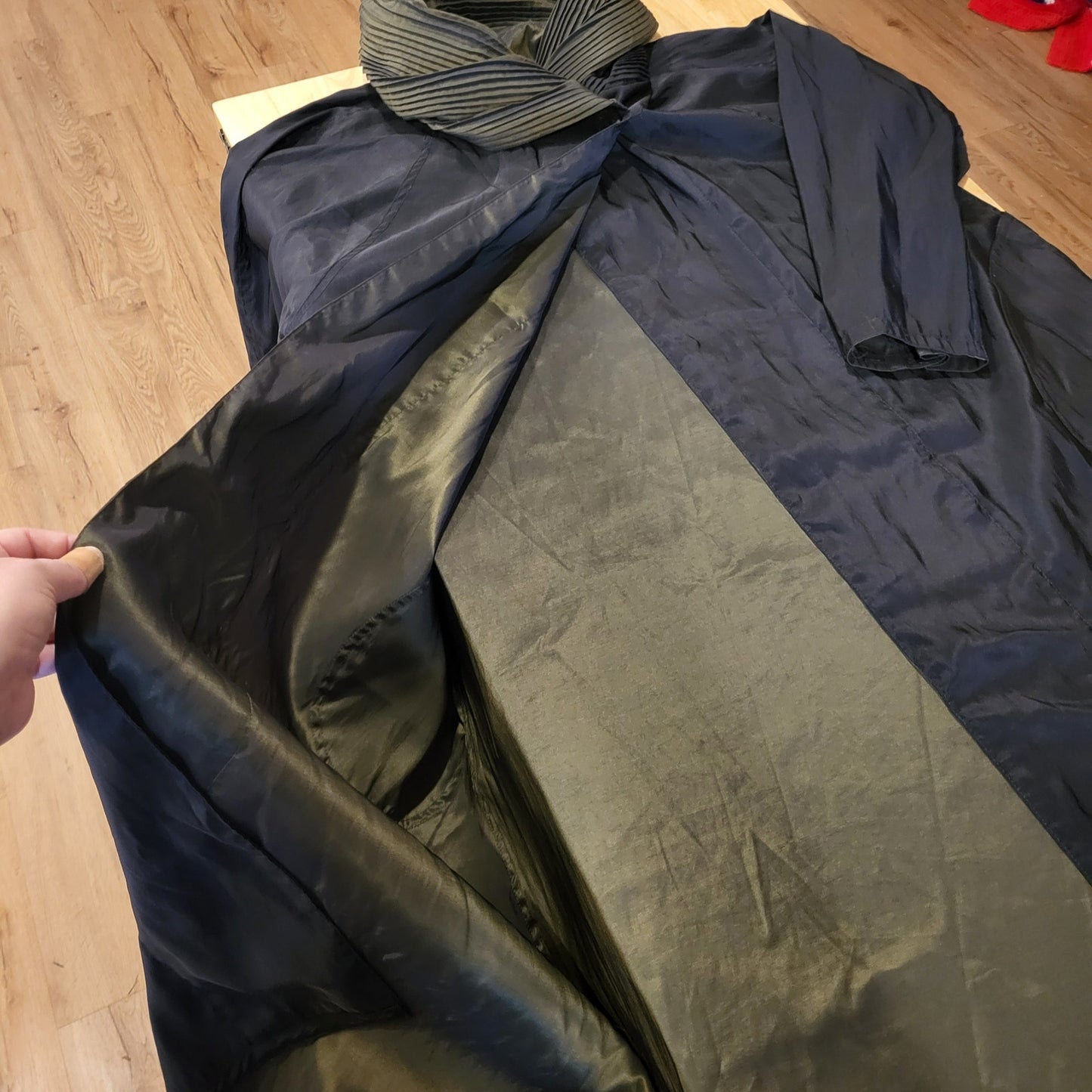 Reversable Green & Black Hooded Pleated Nylon Long Coat Cowell Pockets Button
