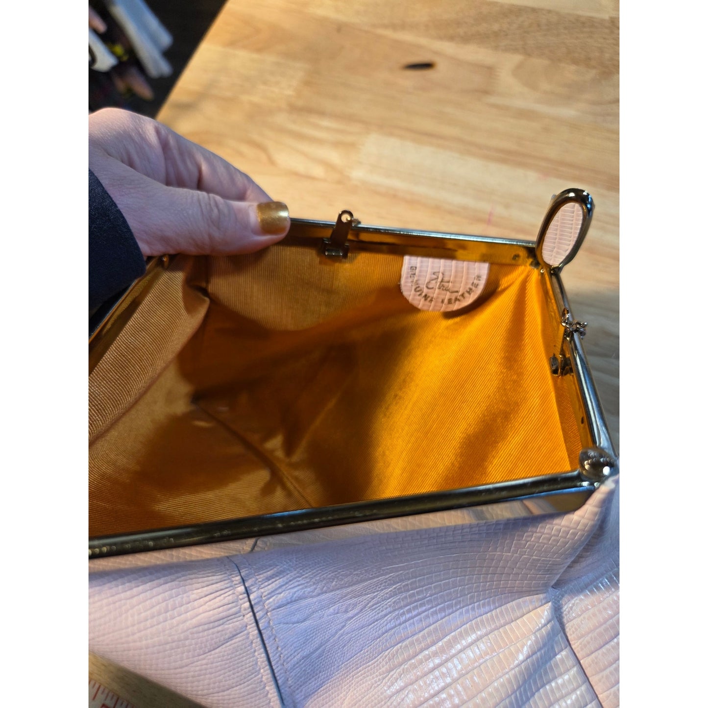 Genuine vintage baby pink snake skin clutch gold Hardware orange Lined