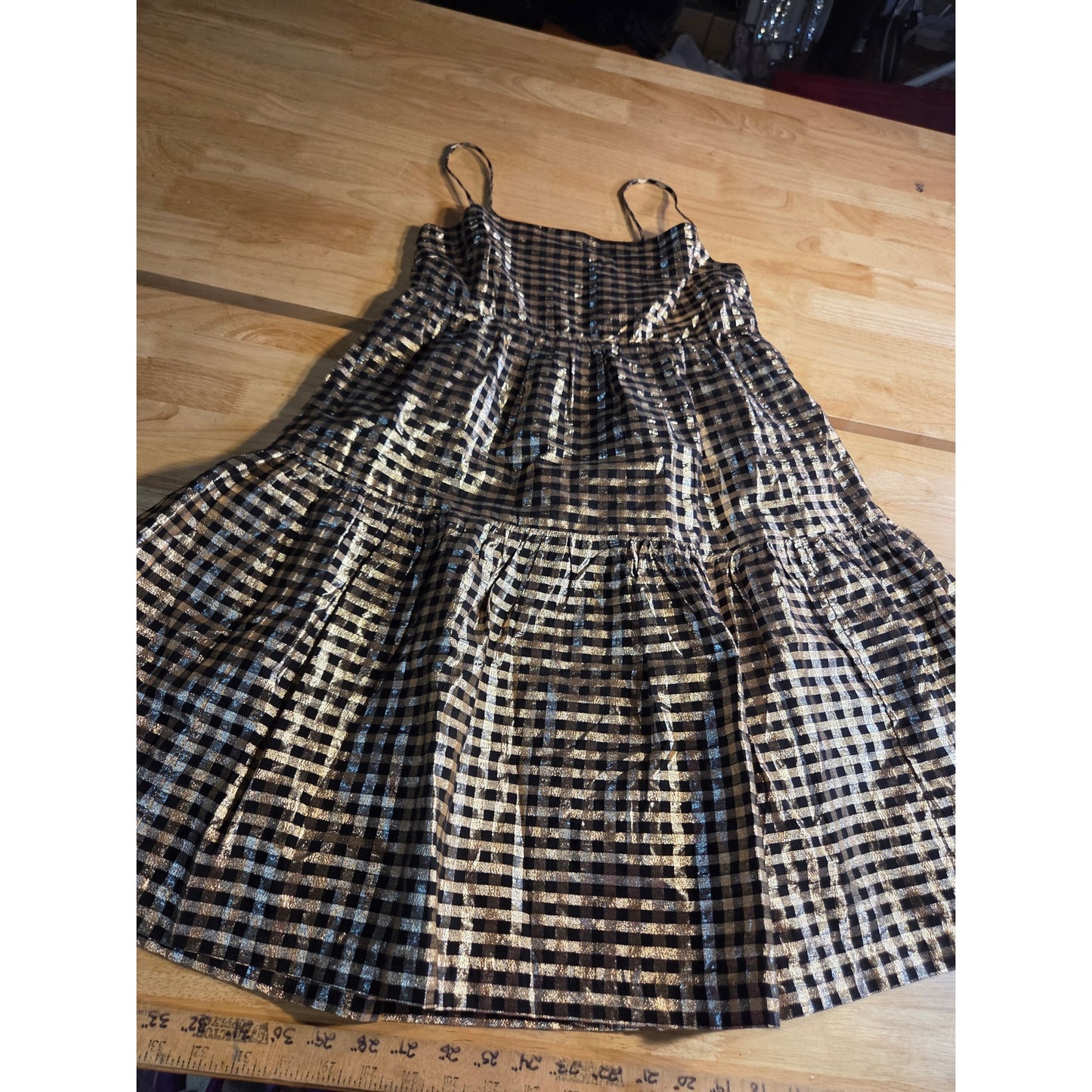 J. Crew Holiday Dress Gold Black Gingham Print Elastic Spaghetti Strap 8