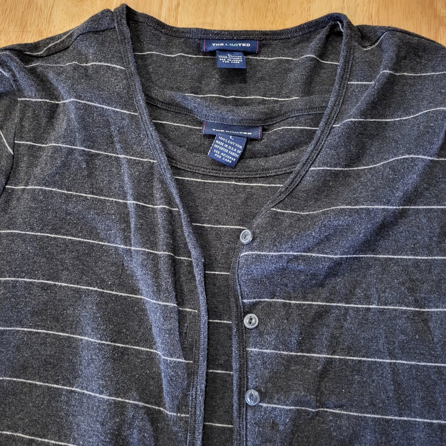The Limited Gray Striped 100% Cotton 2 Piece Tank Cardigan Stretch Knit Large