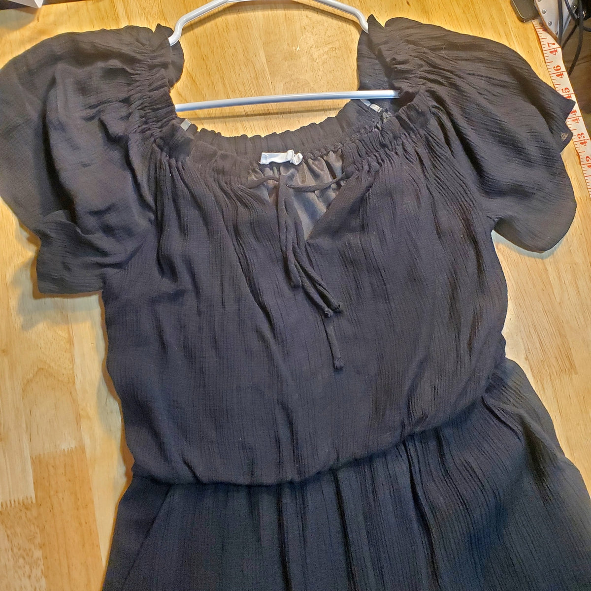 Lush Black Balloon Ruffle Hem Billowy Jumpsuit 30" Elastic Waist Wide Leg 28"