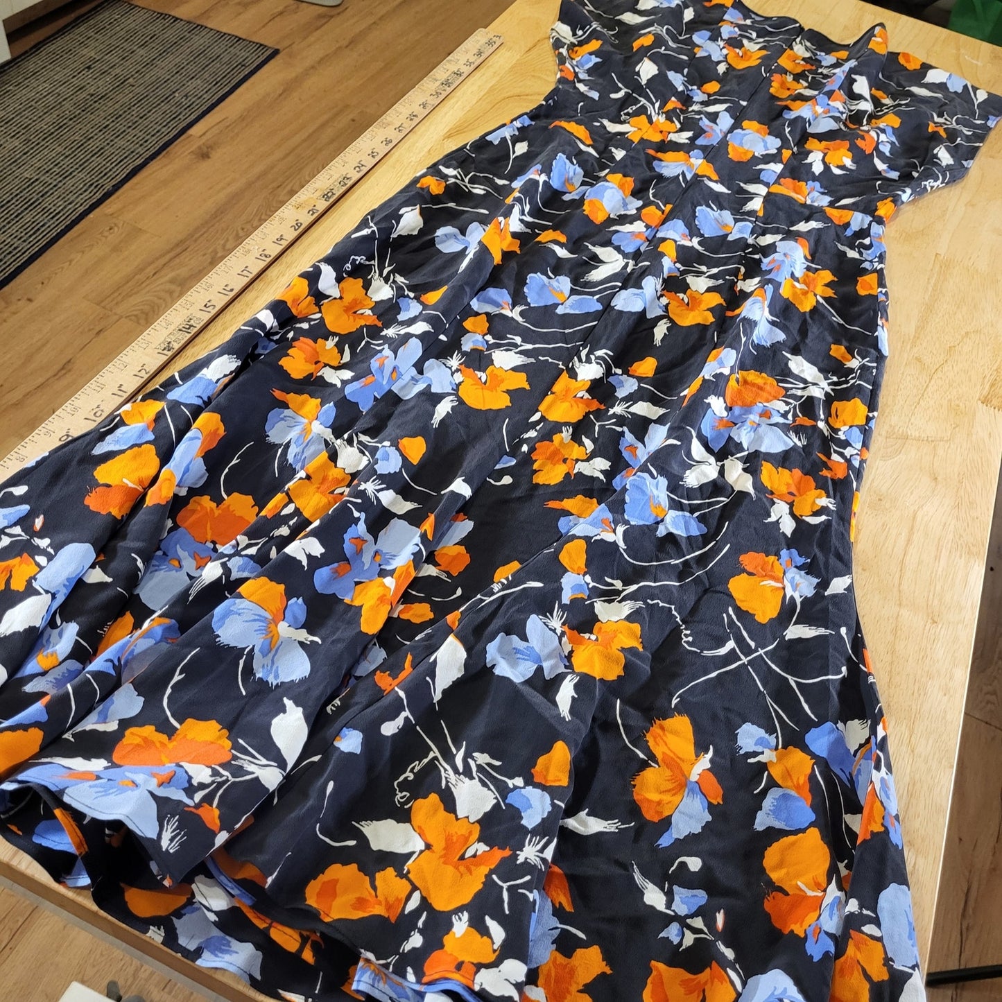 Joie Blue Orange Floral 100% Silk Sleeve Cap Sleeve Mermaid Hem Bias Cut 4