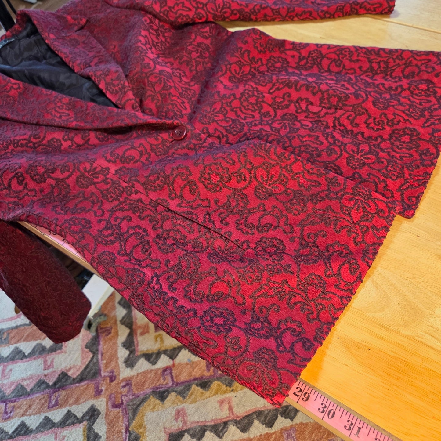 Tahari red blazer black embroidery size 14 lined wool blend