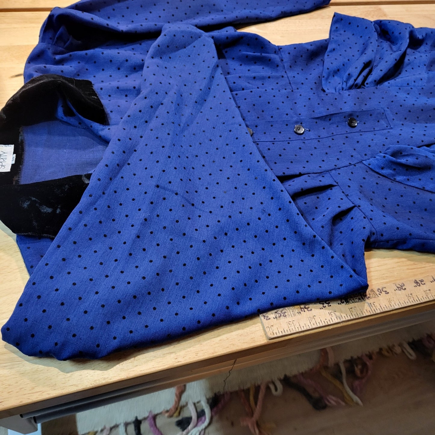 Vintage Blue Black Polka Dot Dress Pockets Collar Pencil Skirt Sprity Sz 38