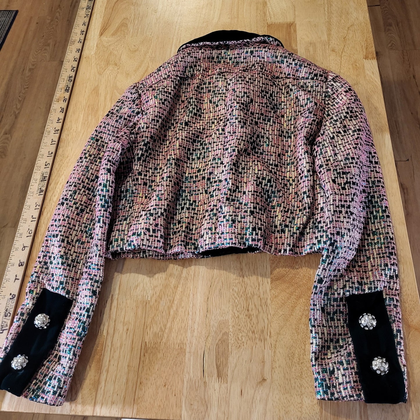 Vintage Tweed Metallic Pink Shirt Coat Green Velvet Trim Rhinestone Buttons 16"