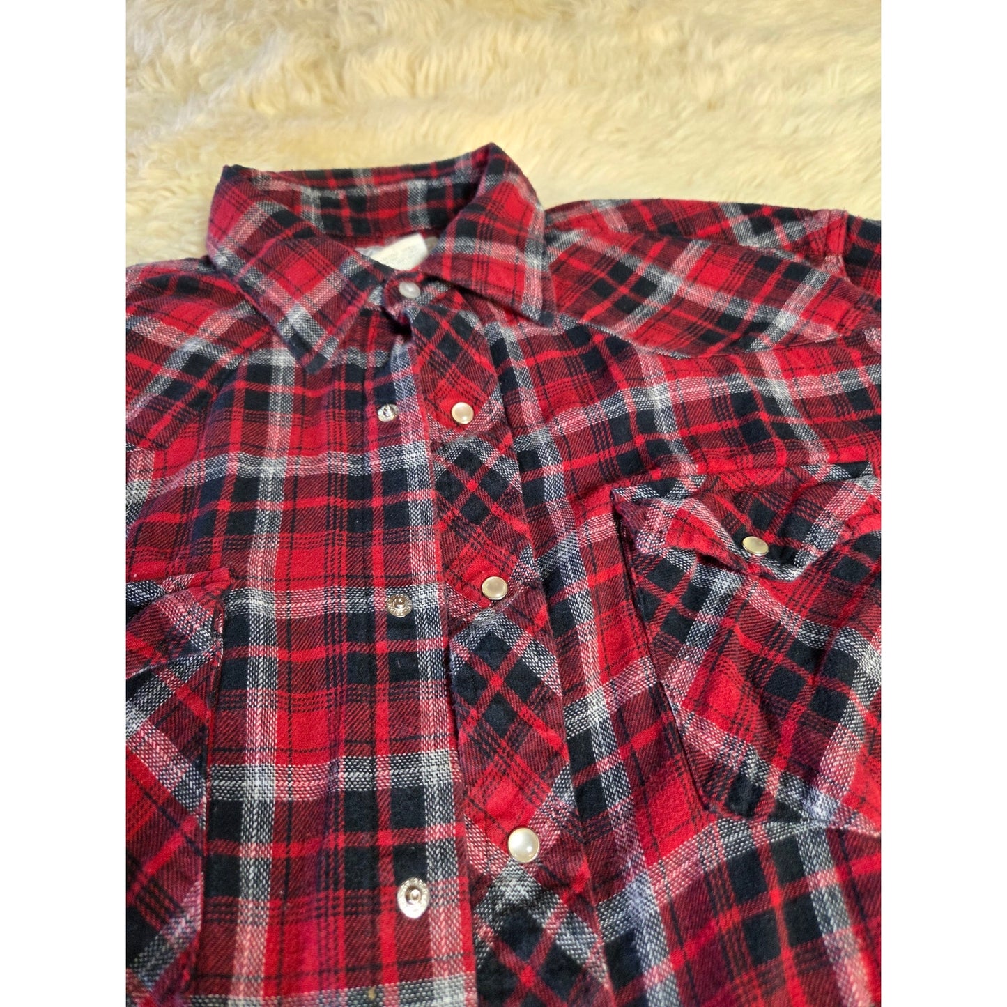 Wrangler Vintage Red Plaid Pearl Snap Western Collared Shirt 100% Cotton Large