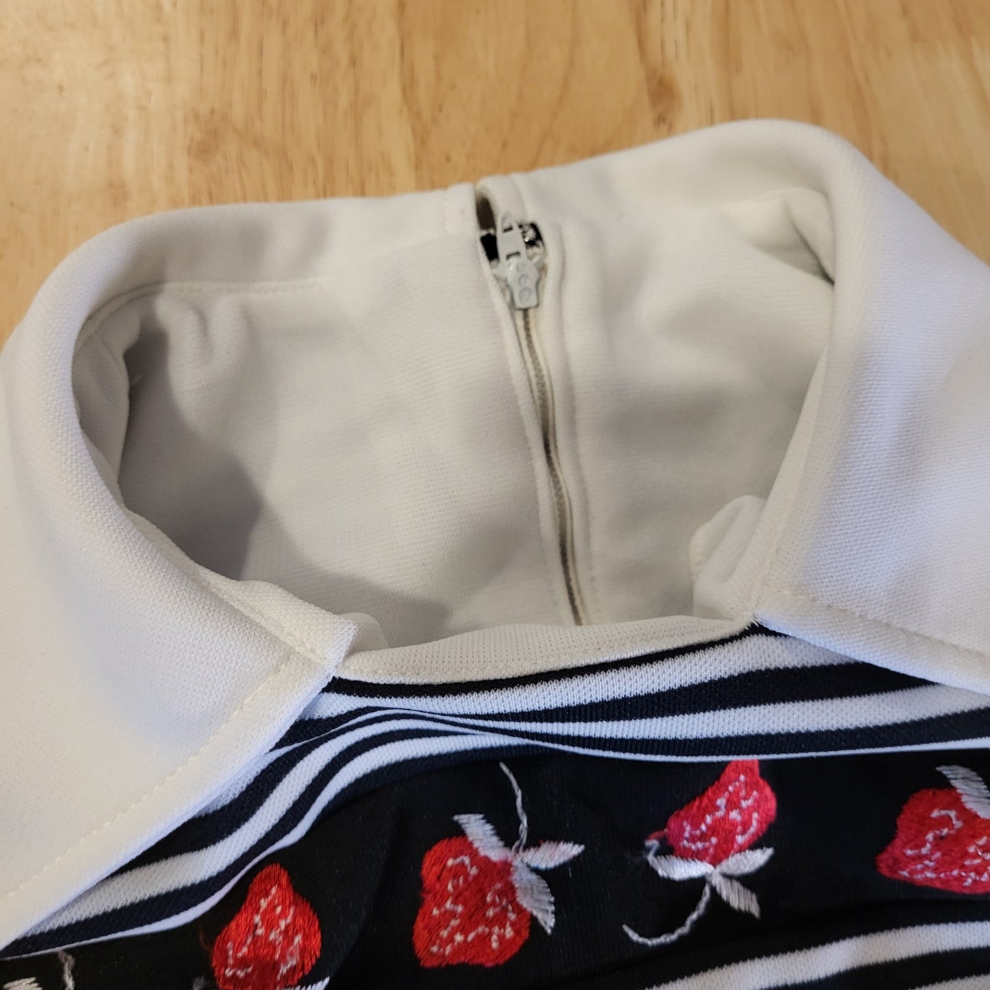 Vintage Polyester Black White Striped Strawberry Collared Short Sleeve