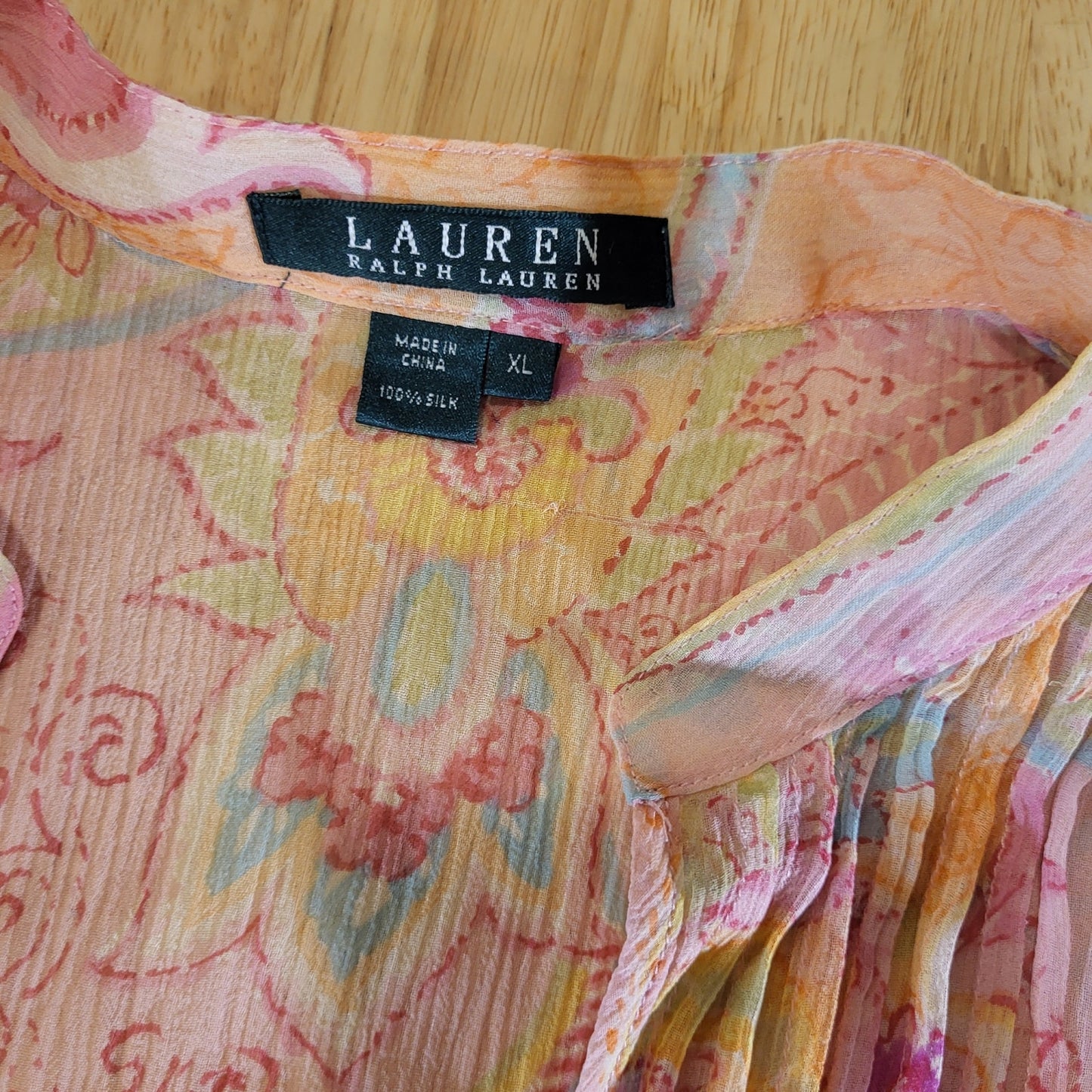 Ralph Lauren 100% Silk PINK Sheer Paisley Collared Button Down Blouse Size XL
