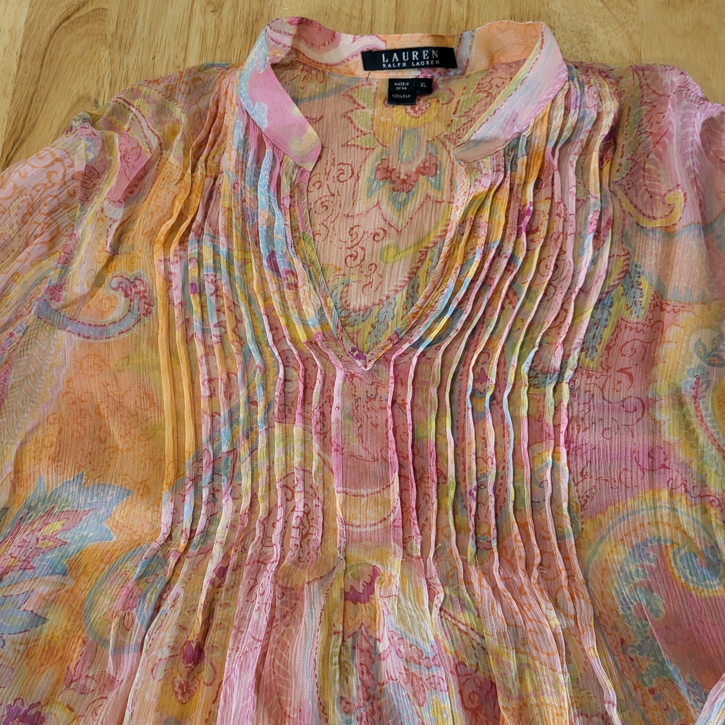 Ralph Lauren 100% Silk PINK Sheer Paisley Collared Button Down Blouse Size XL