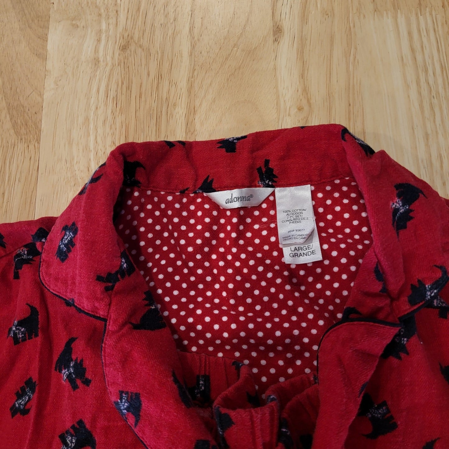Adonna Red Flannel 100% Cotton Pajama Set Yorkie Dogs Bows Large