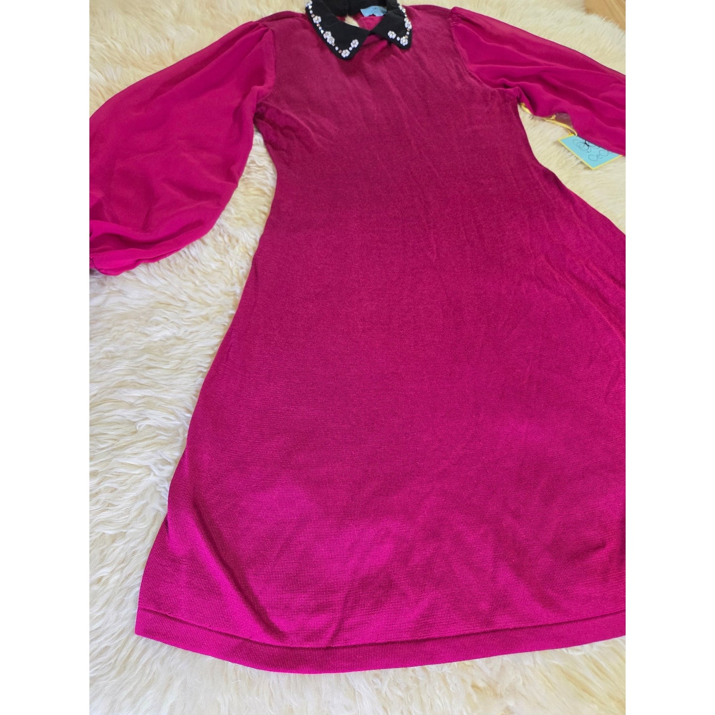 NWT Cece Pink fuchsia magenta sweater dress rhinestone Peter Pan collar