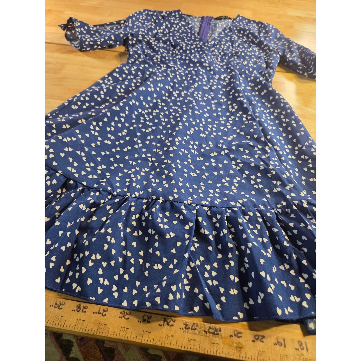 Floral Pig Blue Heart Print Dress Keyhole Puff Sleeve Detail Faux Wrap M