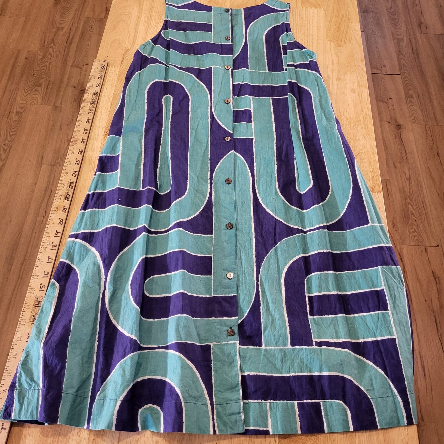 Two Danes Cotton Sleeveless Midi Pocket Blue Geometric Print Button Back xs
