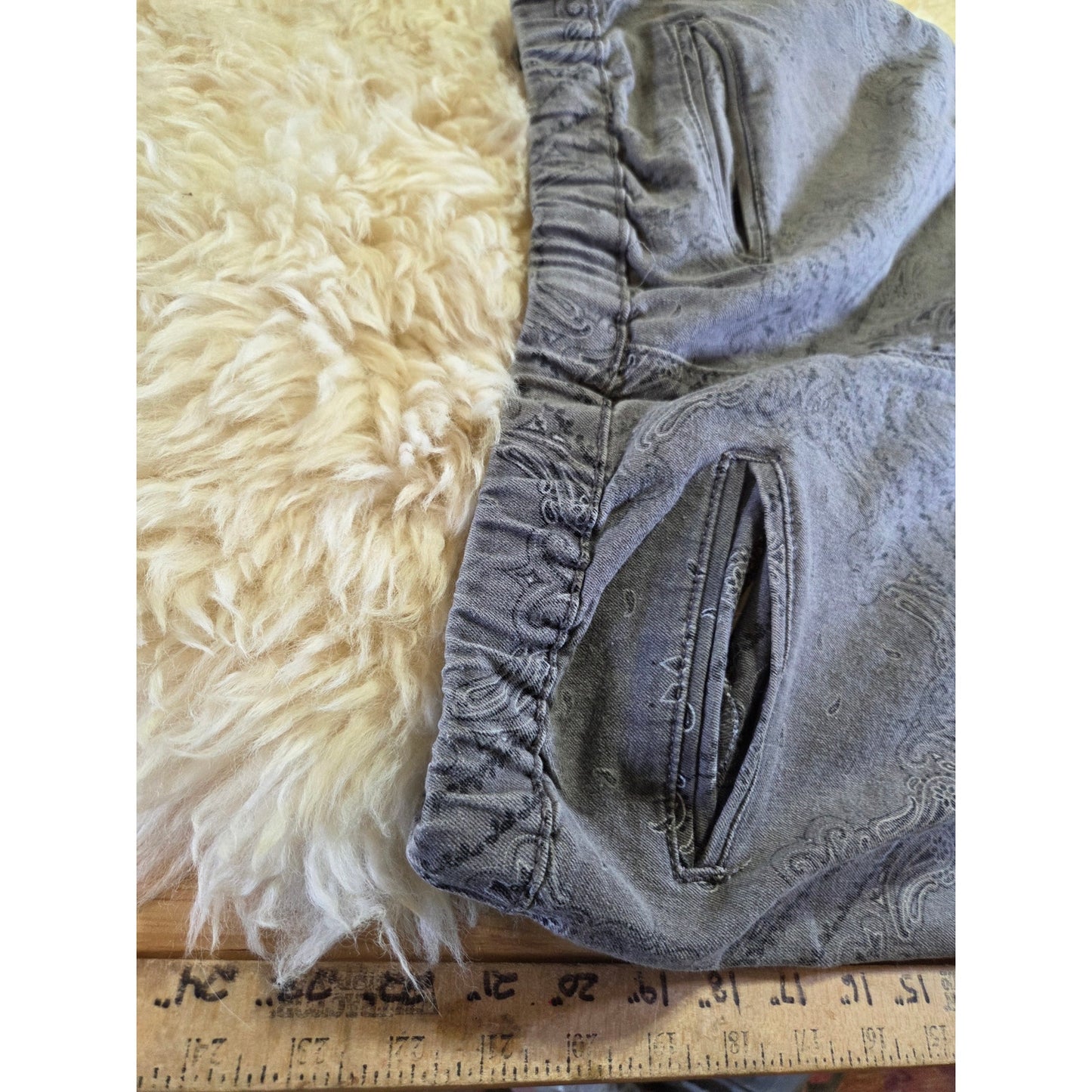 Blacksmith GRAY Paisley Harem cut JEAN shorts elastic waist tie crop distress