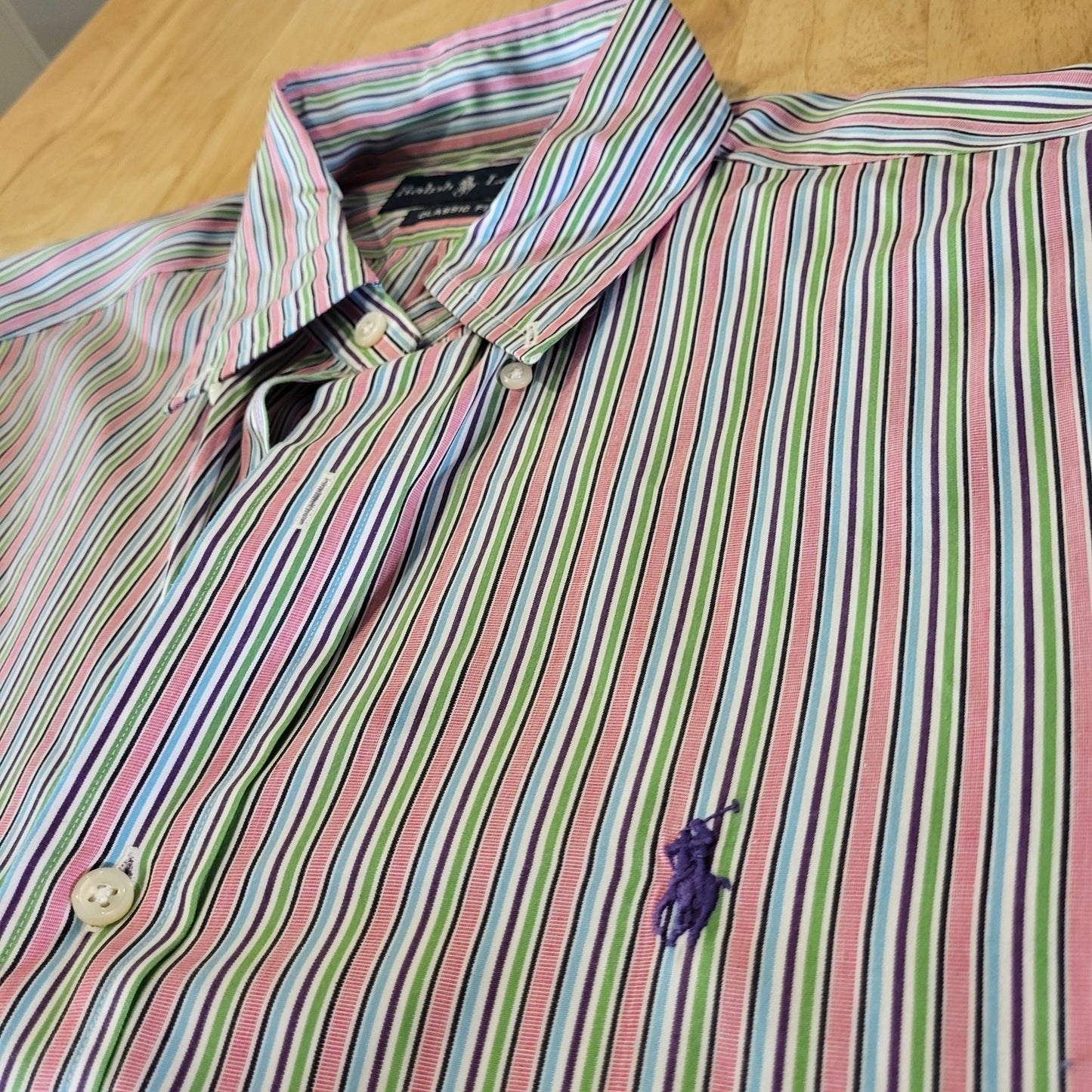 Ralph Lauren Pink Colorful Striped Button Down Collared Shirt Size 15 32/33
