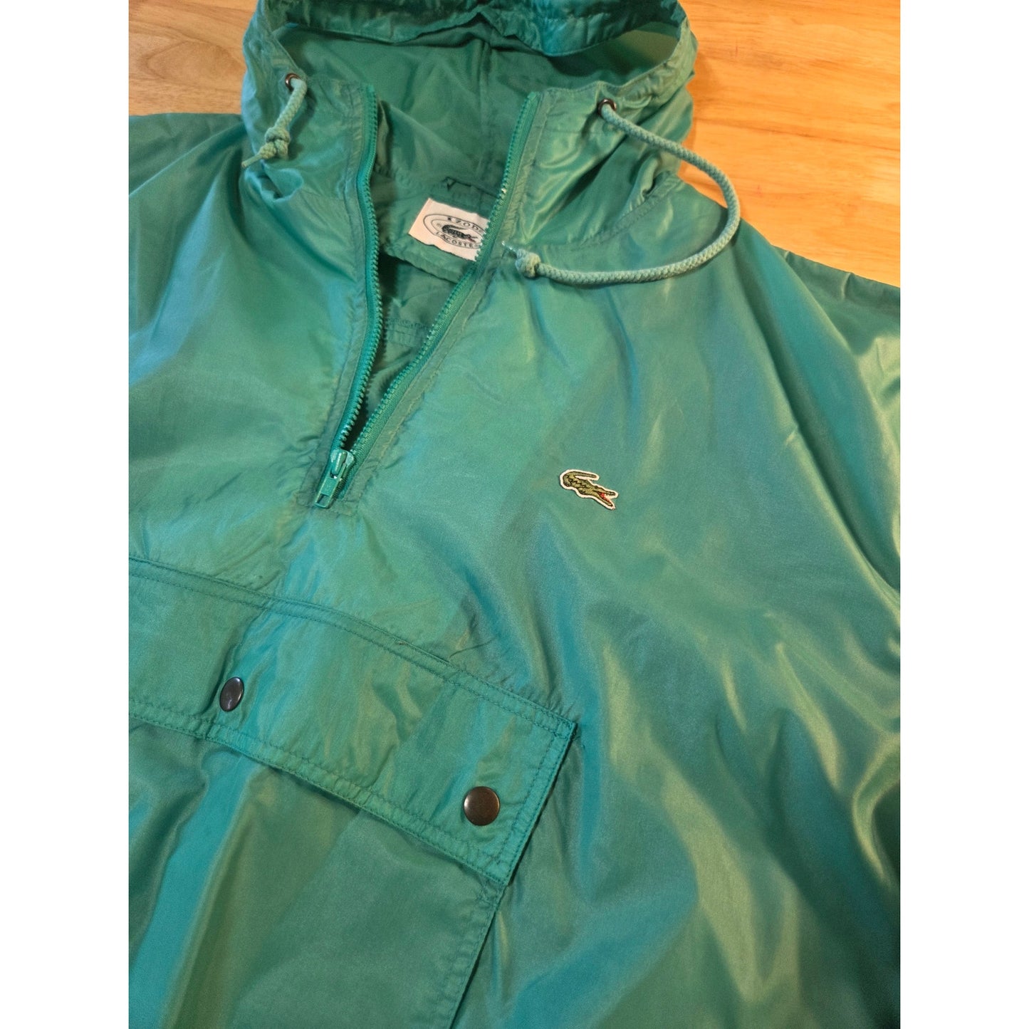 Lacoste light green pullover hooded windbreaker zip kangaroo pocket nylon XL