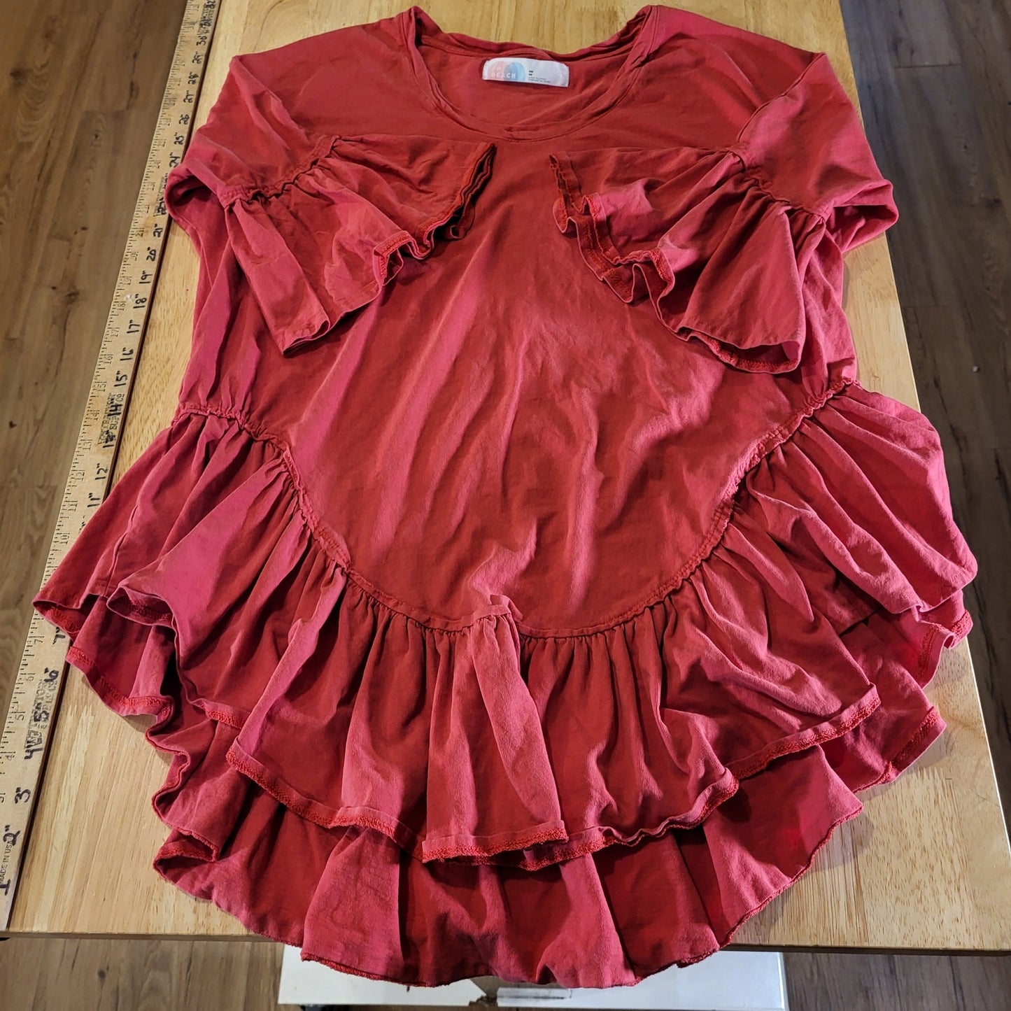 Free People Beach 100% Cotton Jersey Red Ruffle T-shirt Extra Small