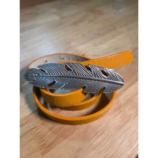 Mustard Yellow Skinny Belt With Silver Toned Feather Buckle 41"