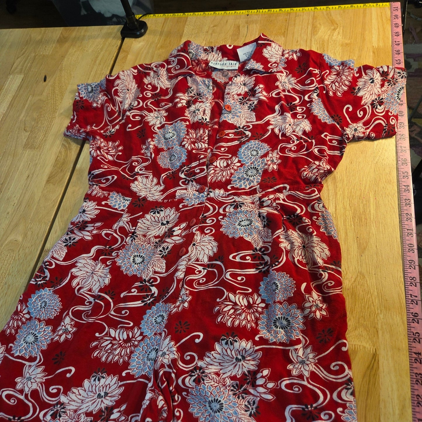 Bedford Fair Lifestyles petite large red Asian print rayon jumpsuit collared