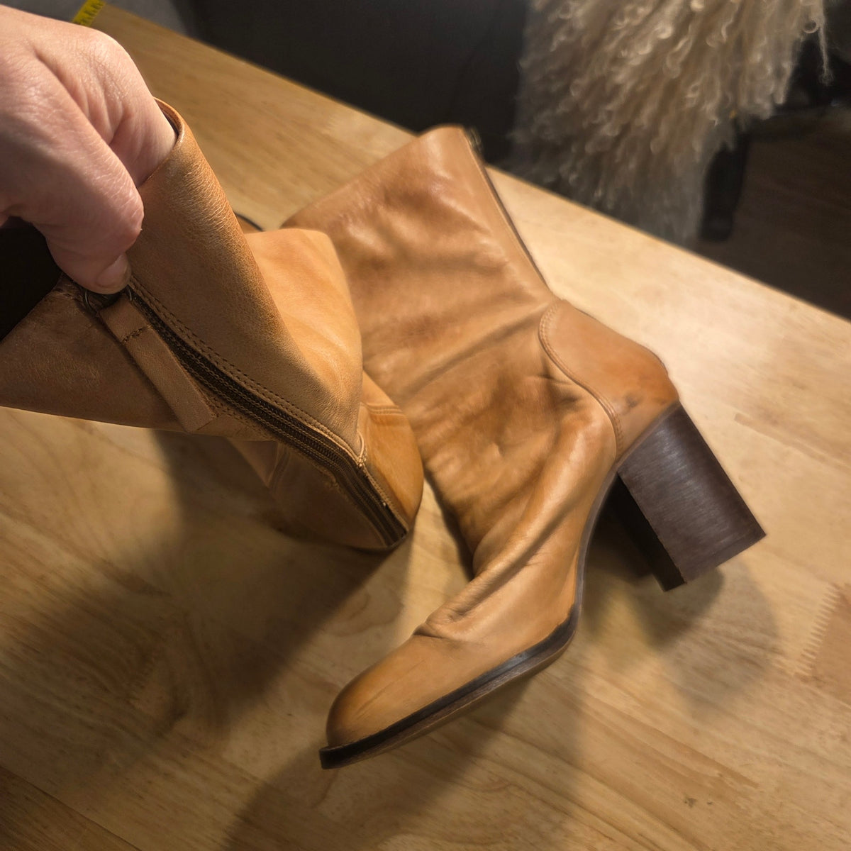 Free People camel soft leather block heel boots size 39