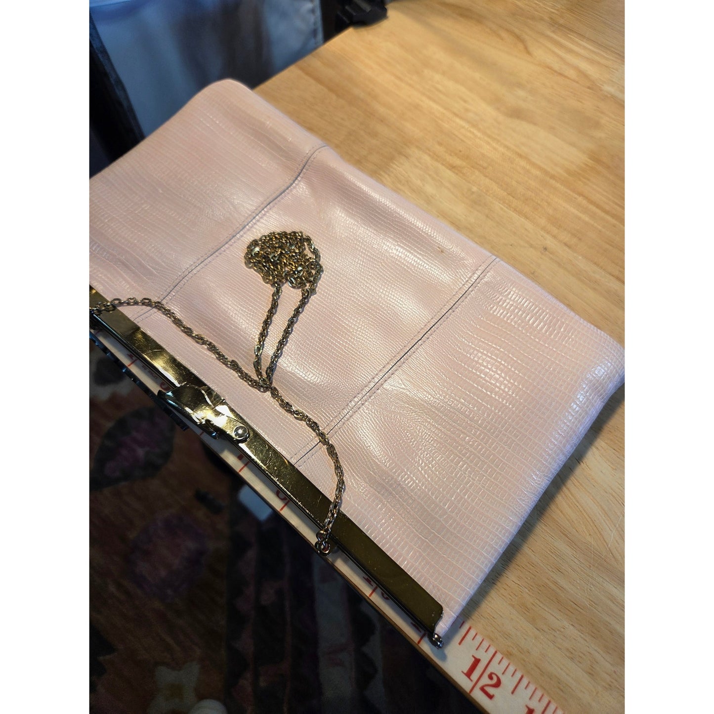 Genuine vintage baby pink snake skin clutch gold Hardware orange Lined