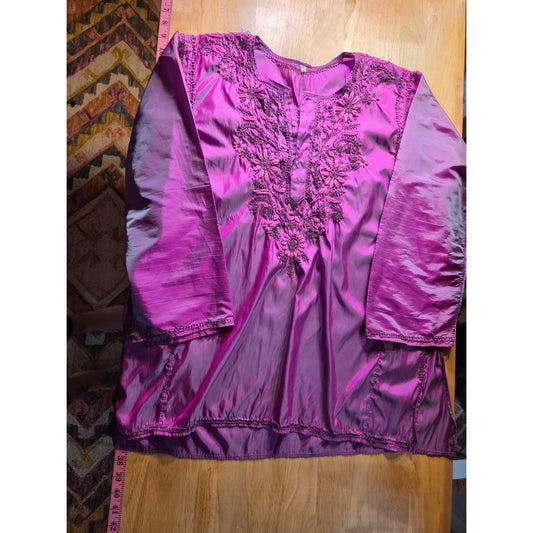 Satin hand Embroidered Iridescent Pink Heart Floral Motif Large Long Sleeve