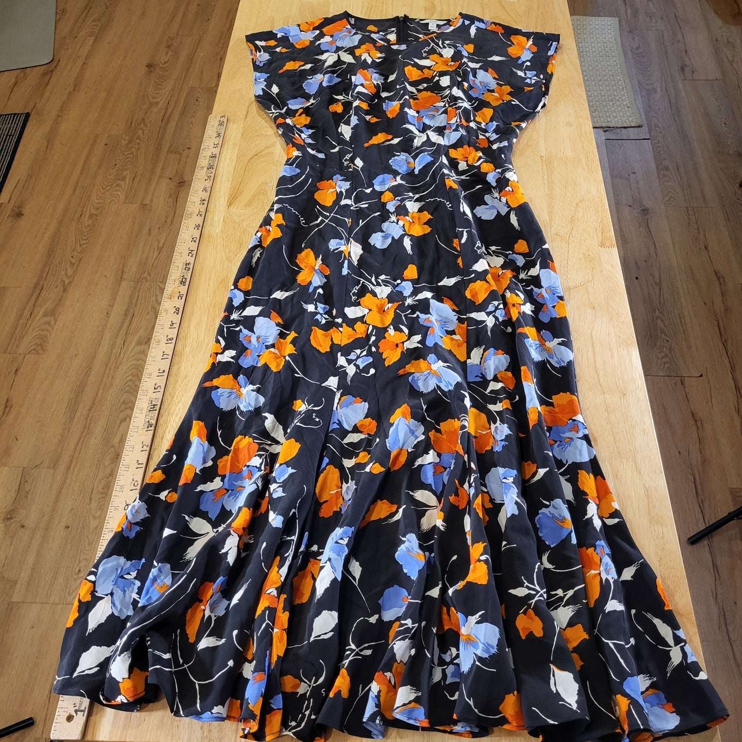 Joie Blue Orange Floral 100% Silk Sleeve Cap Sleeve Mermaid Hem Bias Cut 4