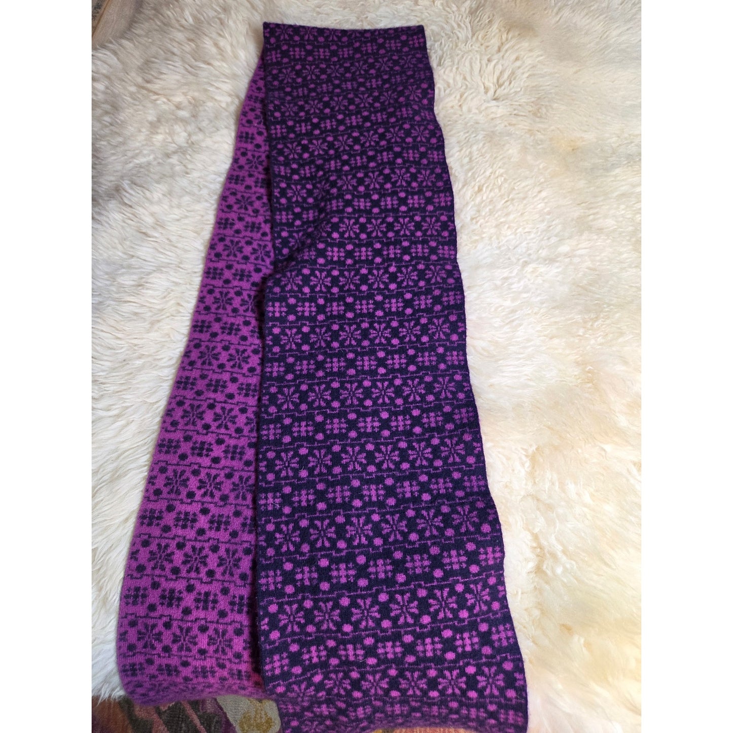 Lands End Wool Blend Scarf Knit Pink Purple Fair isle Pattern