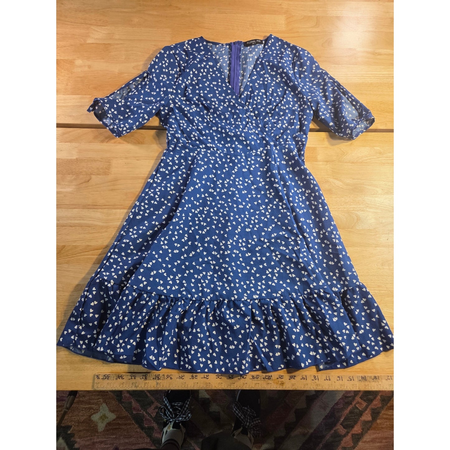 Floral Pig Blue Heart Print Dress Keyhole Puff Sleeve Detail Faux Wrap M