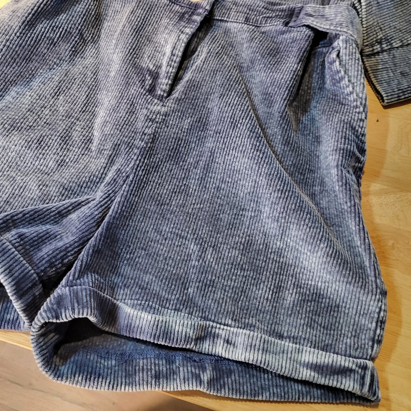 POL Blue Corduroy Long Sleeve Button Front Shorts Jumpsuit Elastic Waist Zip