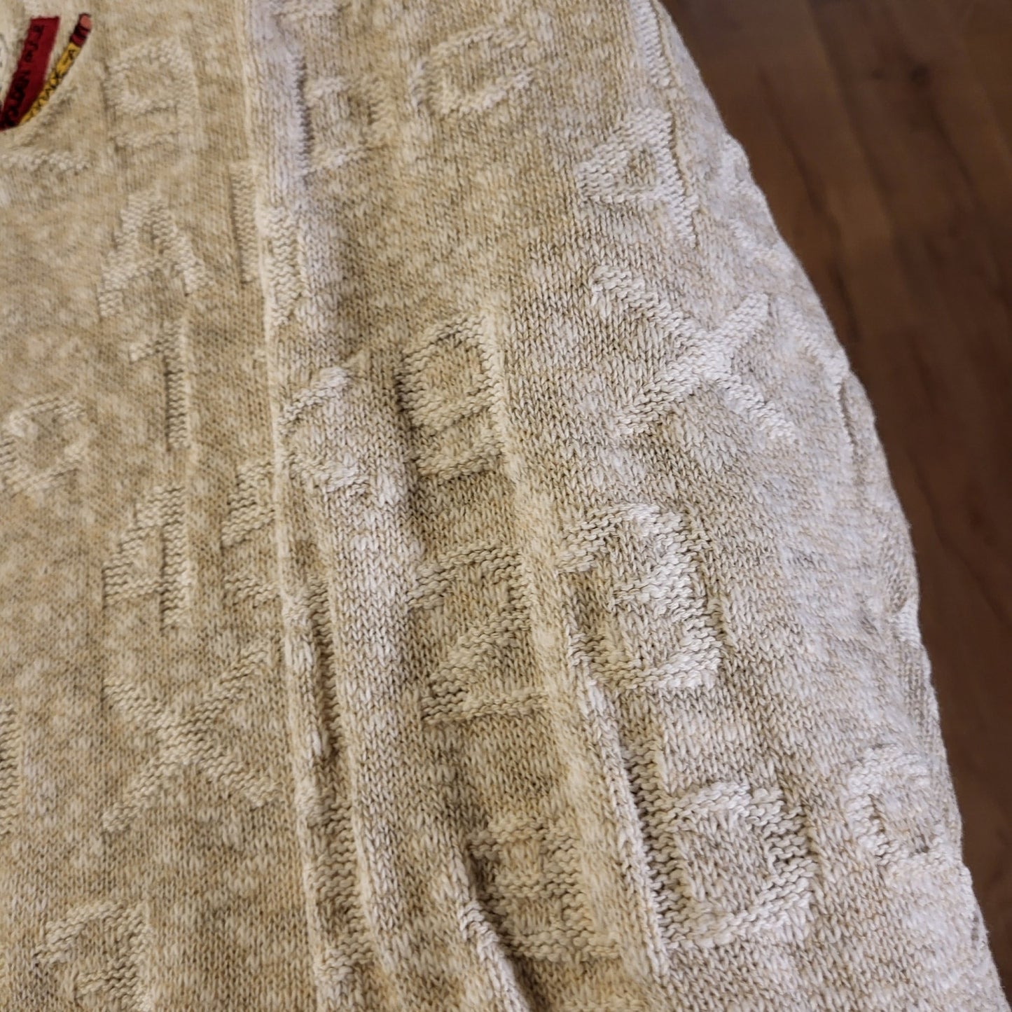 Vintage Teacher Alphabet Embossed Sweater Beige Embroidered Cardigan USA Made L