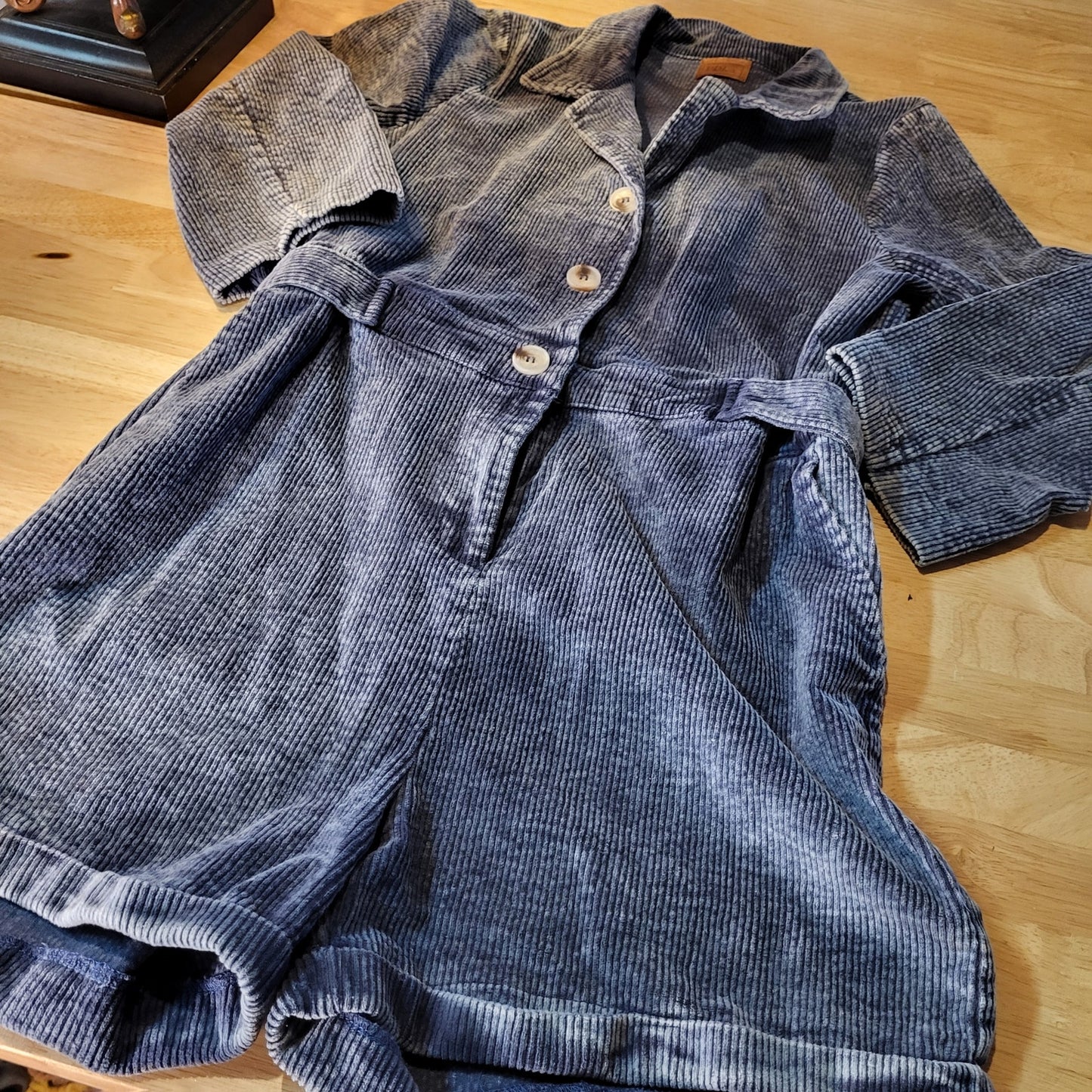 POL Blue Corduroy Long Sleeve Button Front Shorts Jumpsuit Elastic Waist Zip
