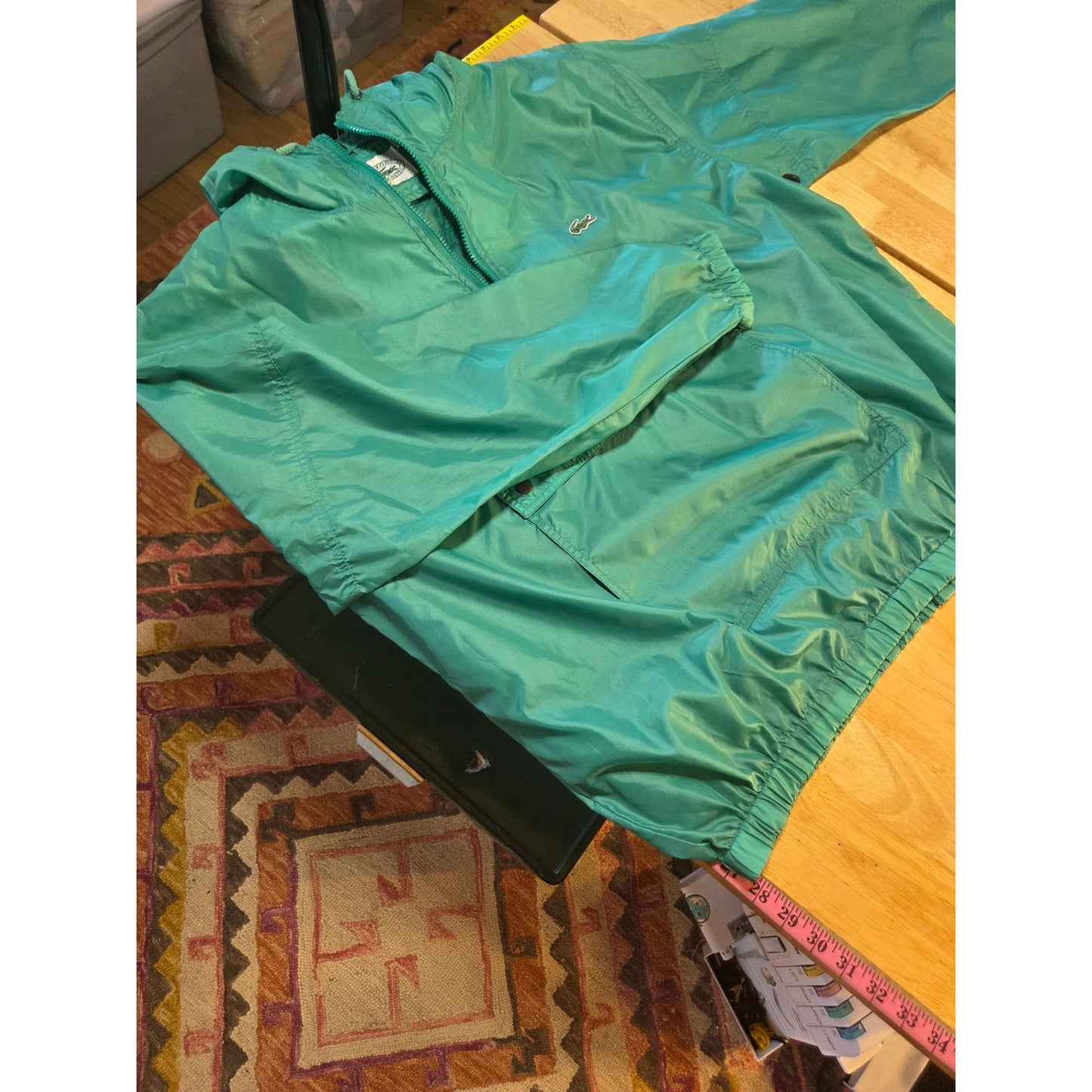 Lacoste light green pullover hooded windbreaker zip kangaroo pocket nylon XL