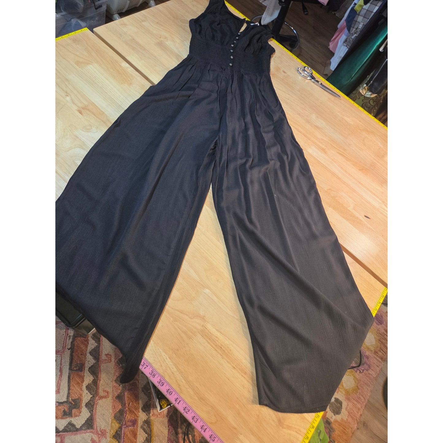 SO brand black wide leg jumpsuit elasticated waist sleeveless button Pockets LG