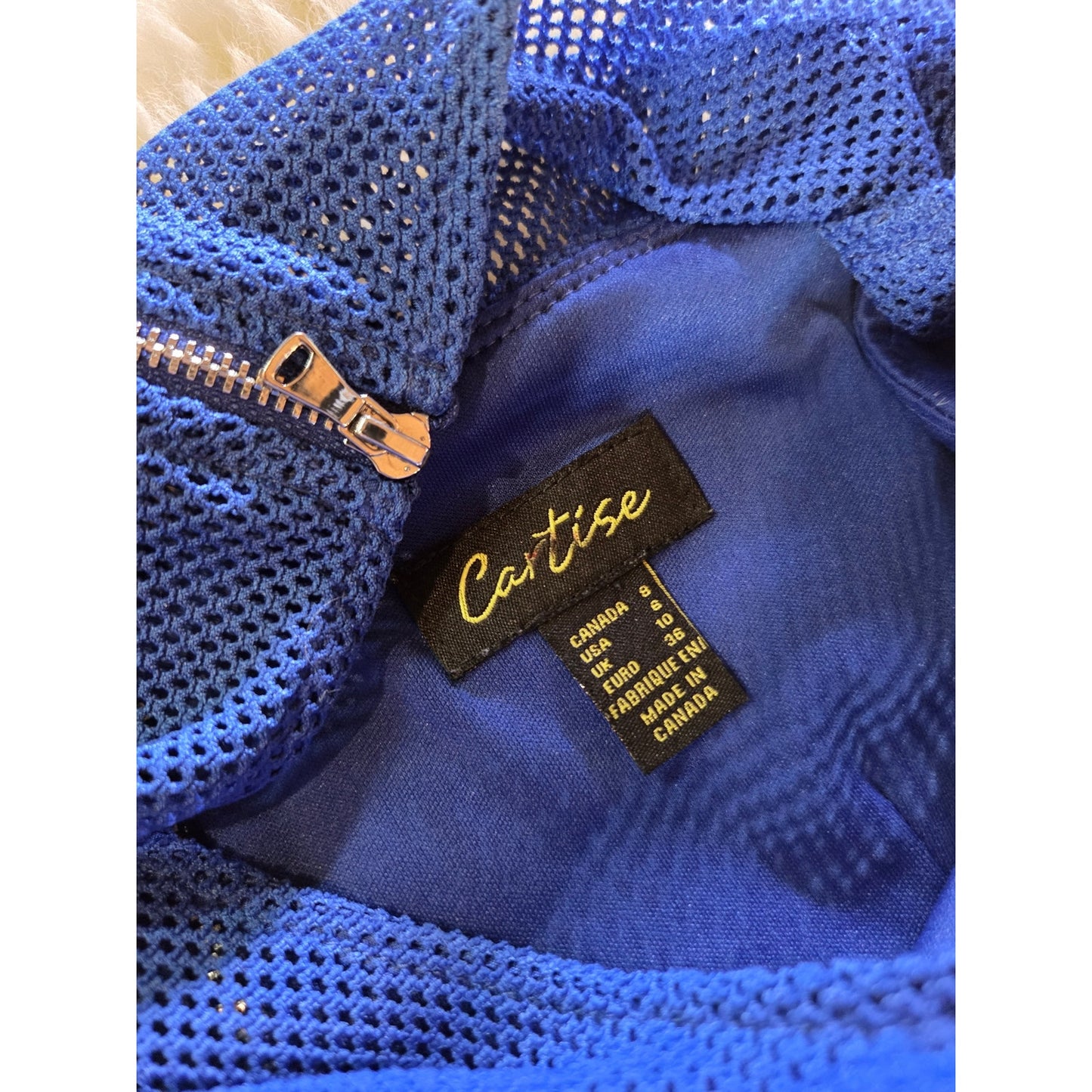 Cartise blue rayon blend jersey knit dress mesh cut out shoulder zipper gold 8