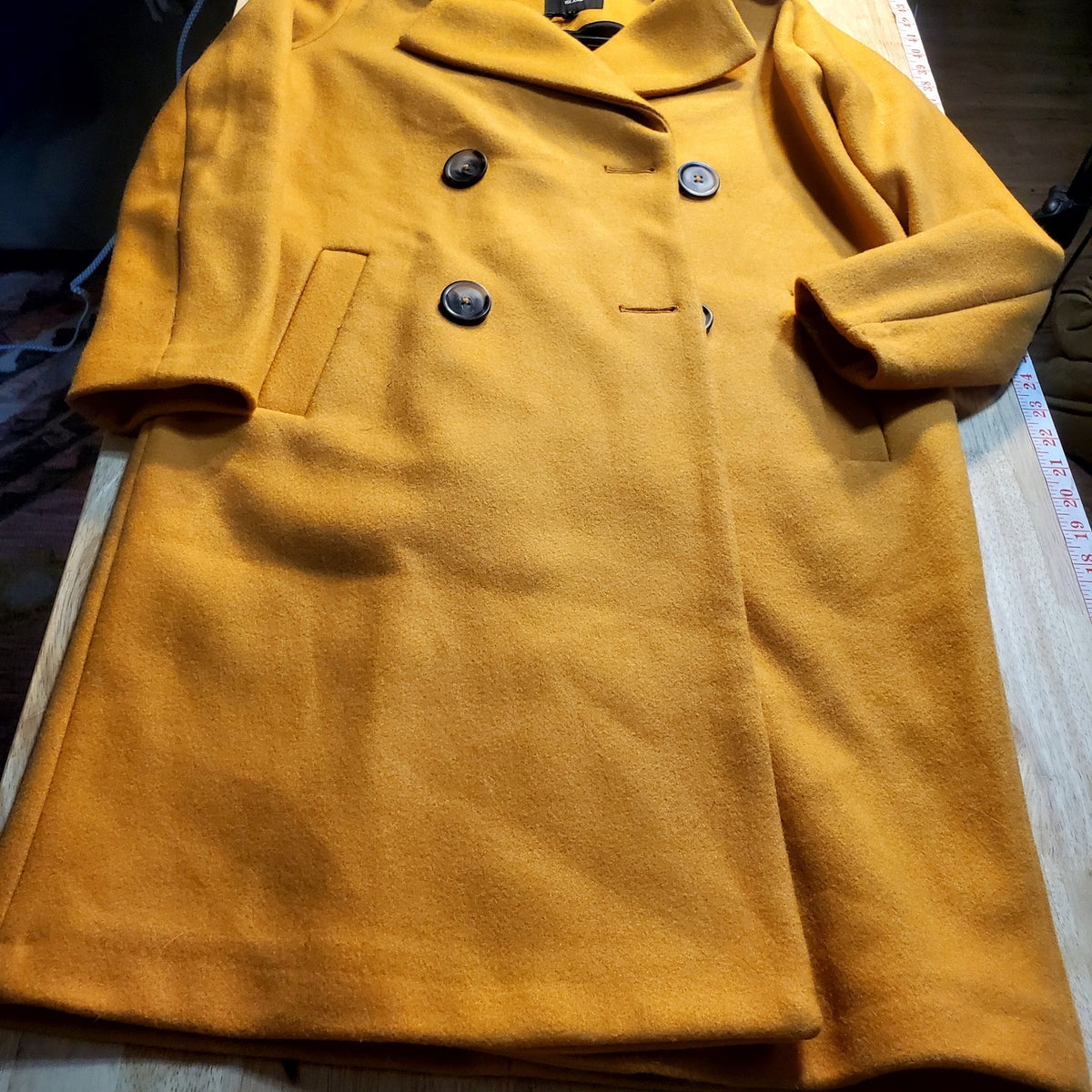 River Island Mustard Yellow Wool Blend Pea Coat Black Buttons Medium