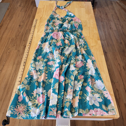 Vintage turquoise Floral halter dress elastic MIDI tie cotton medium