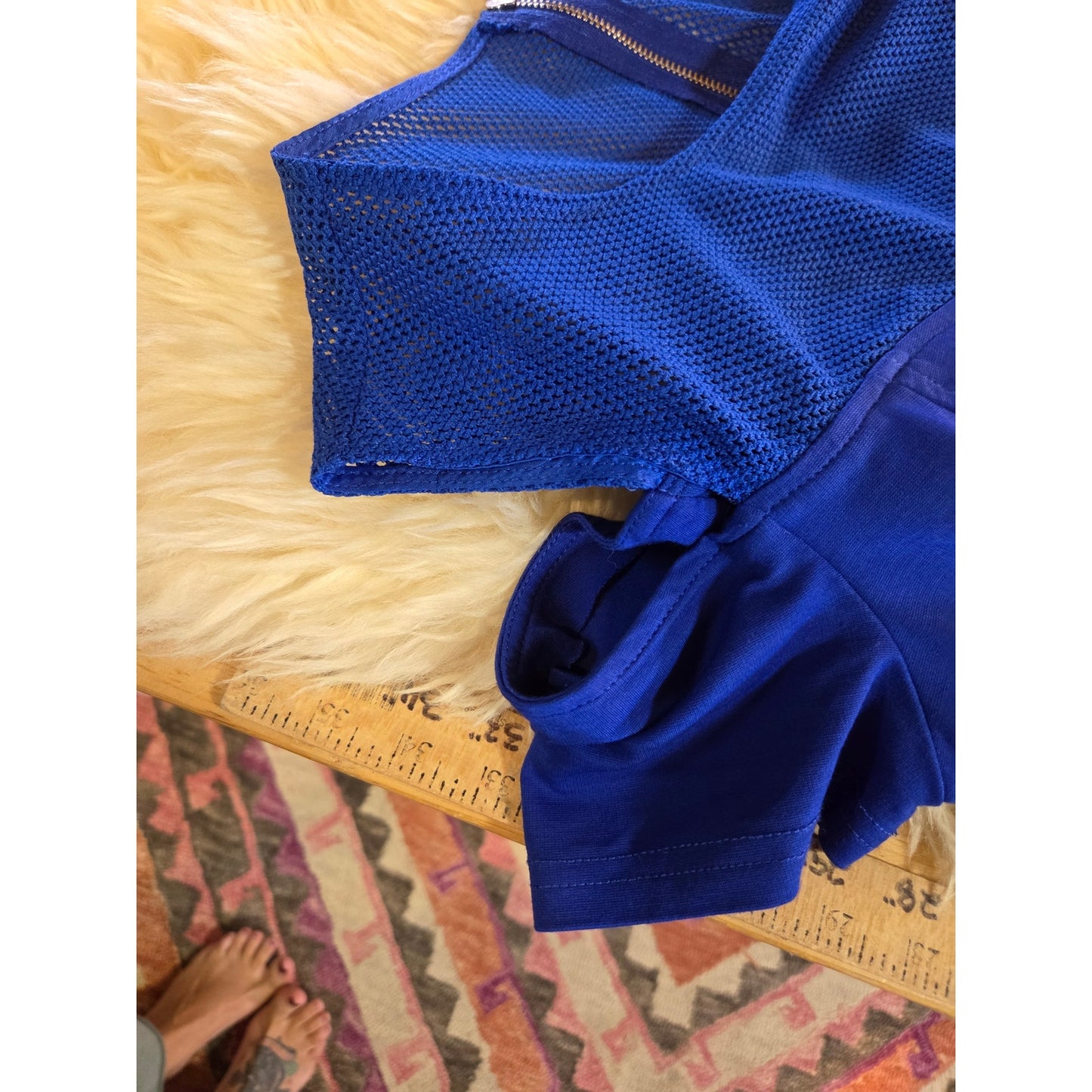 Cartise blue rayon blend jersey knit dress mesh cut out shoulder zipper gold 8