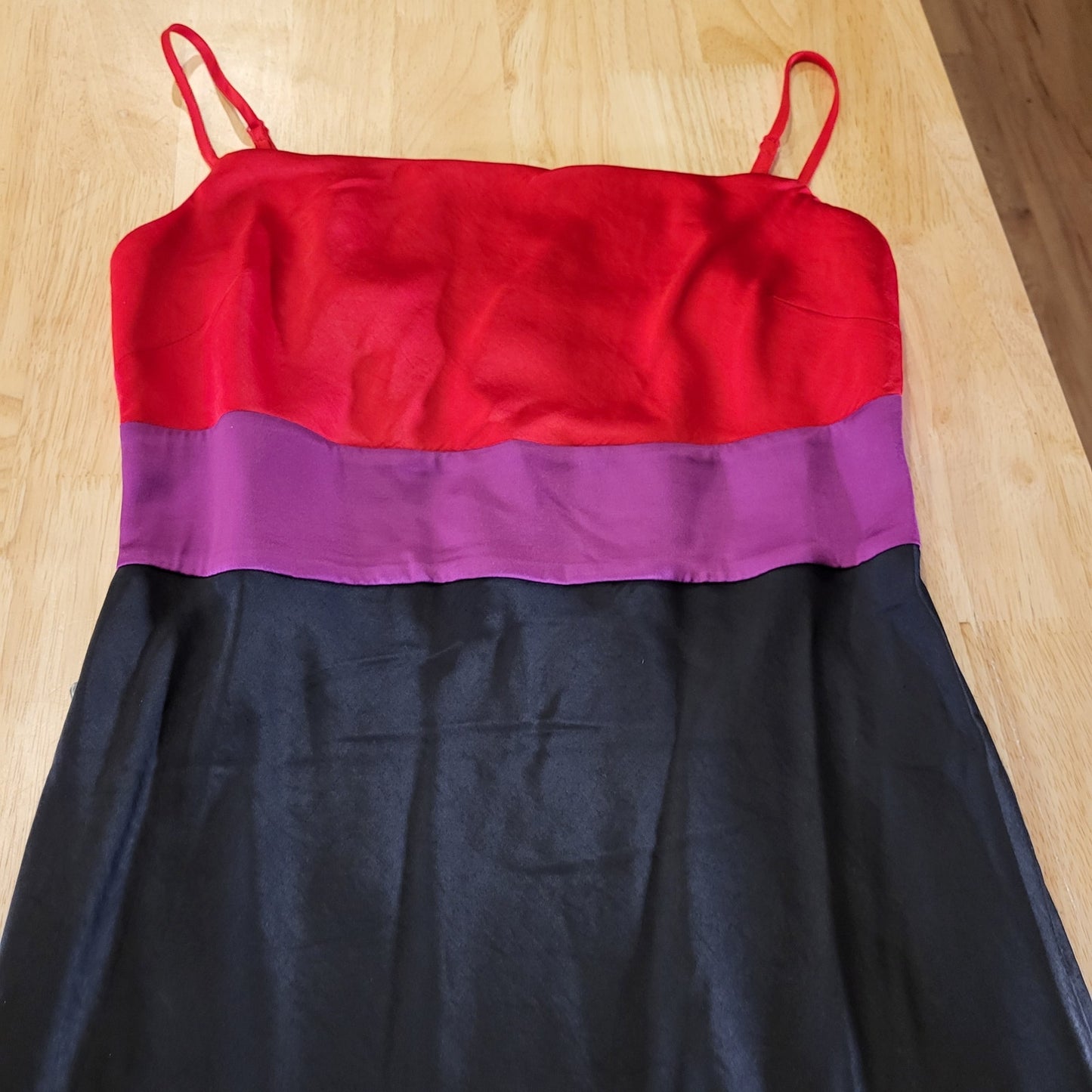 Express Color Block Satin Spaghetti Strap Red Pink & Black Midi Side Slit small