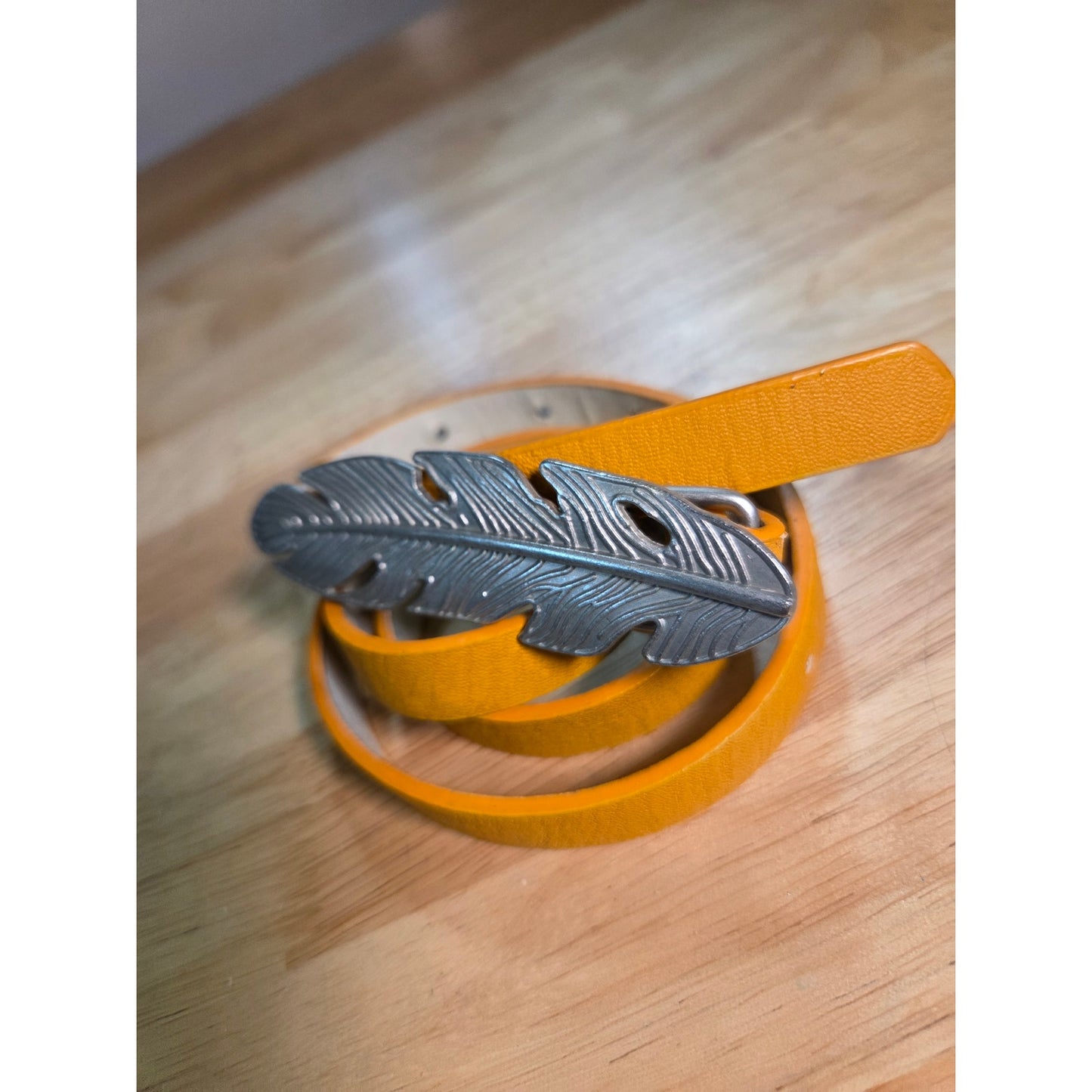Mustard Yellow Skinny Belt With Silver Toned Feather Buckle 41"