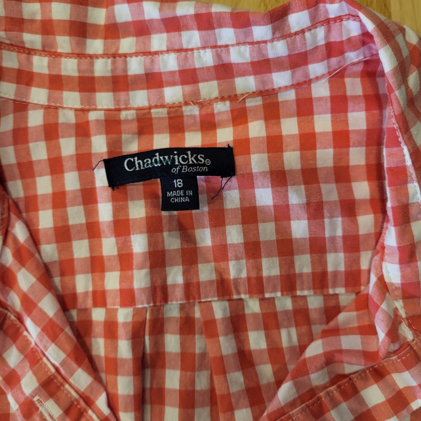 Chadwick's 100% Cotton Orange Gingham Midi Length Collared Shirt Dress