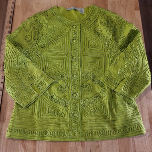 Joni B. Vintage Green Piped Button Front Long Sleeve Embellished 19" P2P