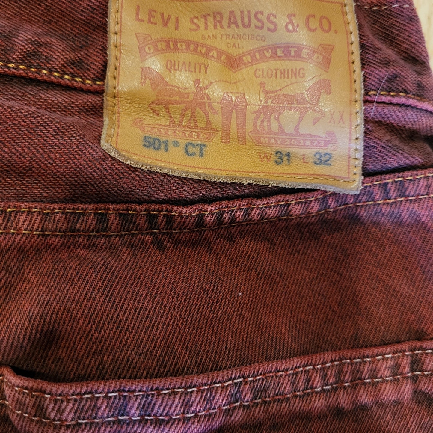 Levi's 501 CT Maroon 31 x 32 Tapered Denim Jeans Faded Tag 90.s Custom Cut